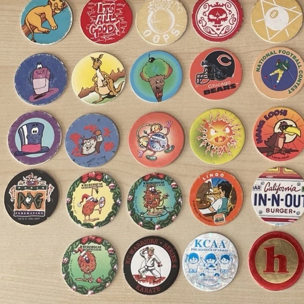 Random Mixed LOT Of 62 POGS‎ MILK CAPS + tube 90s Skull 8 Ball REN & Stimpy Art